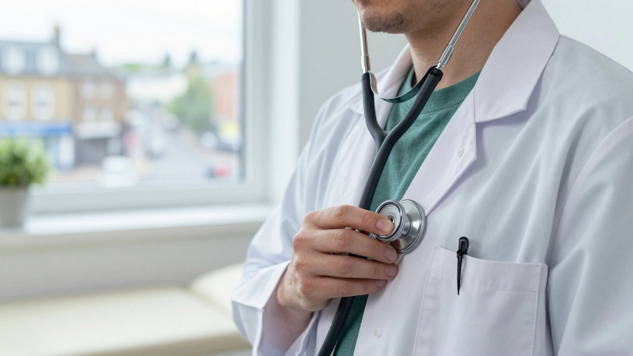 Close-up of a doctor examining a patient in a bright consultation room