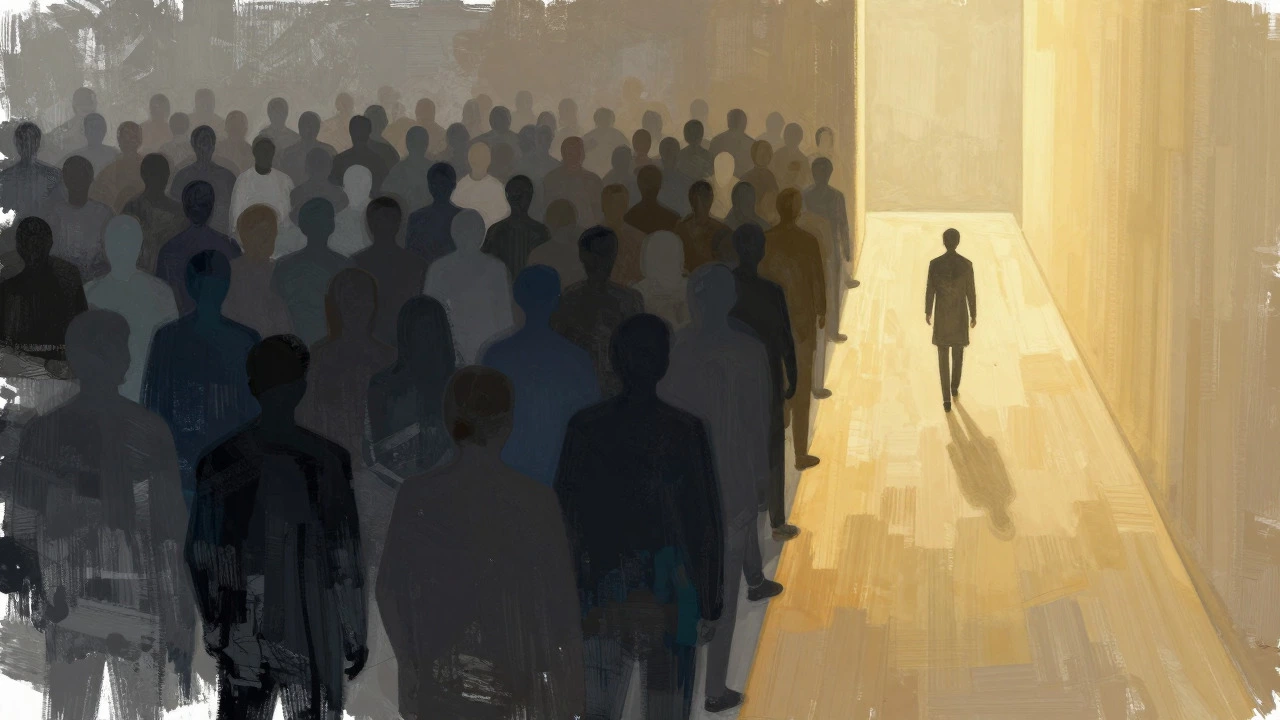 Conceptual art showing a crowded grey area transitioning into a clear golden path