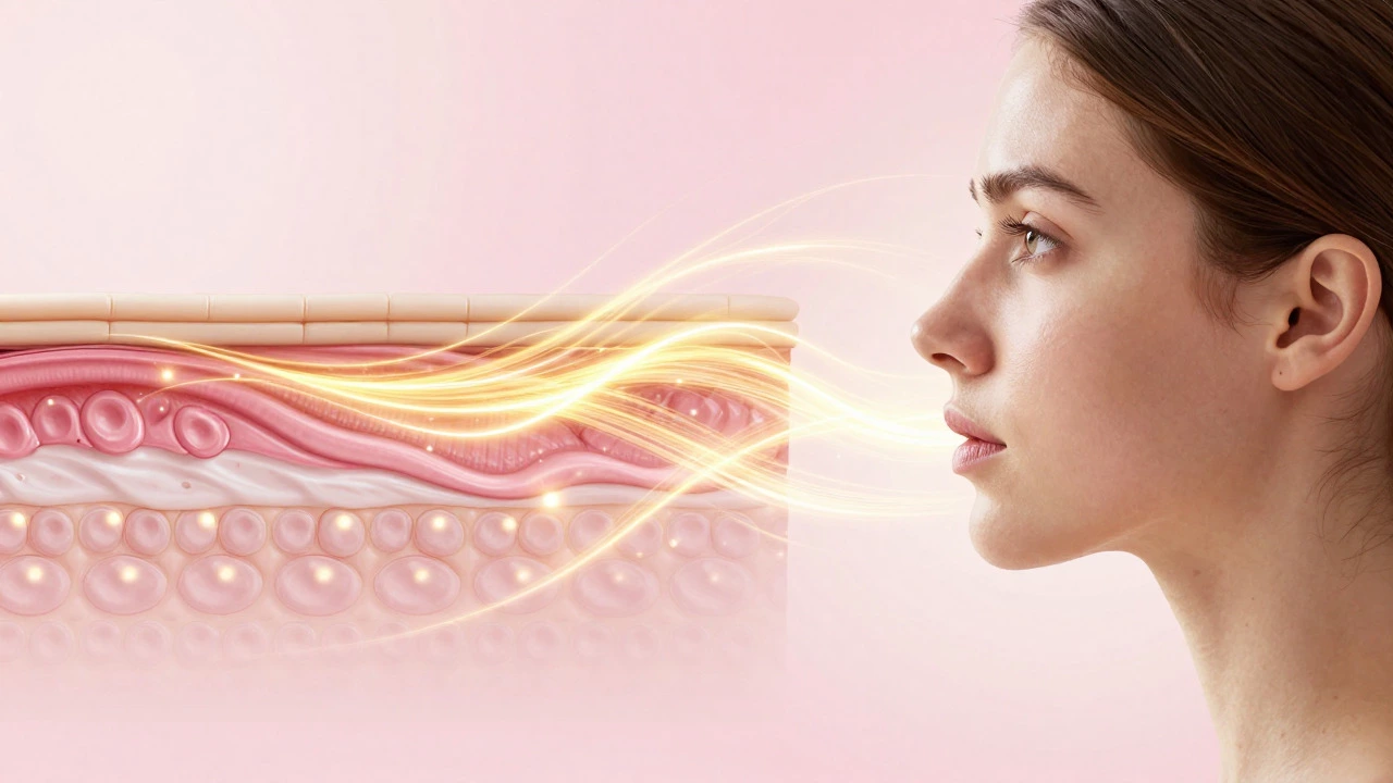 Conceptual art showing skin tightening energy waves during HIFU facelift