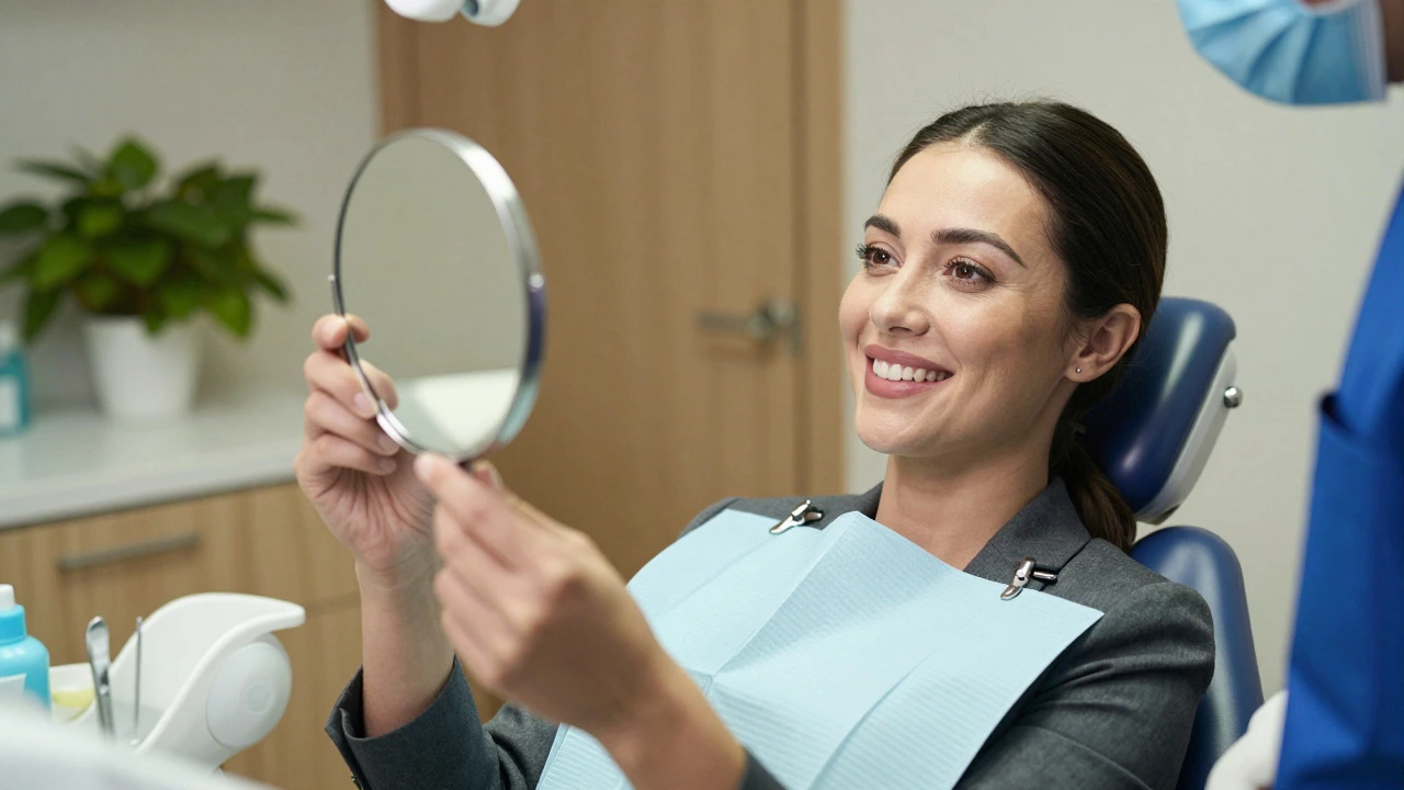Confident professional woman smiling in a dental chair after receiving a new implant crown
