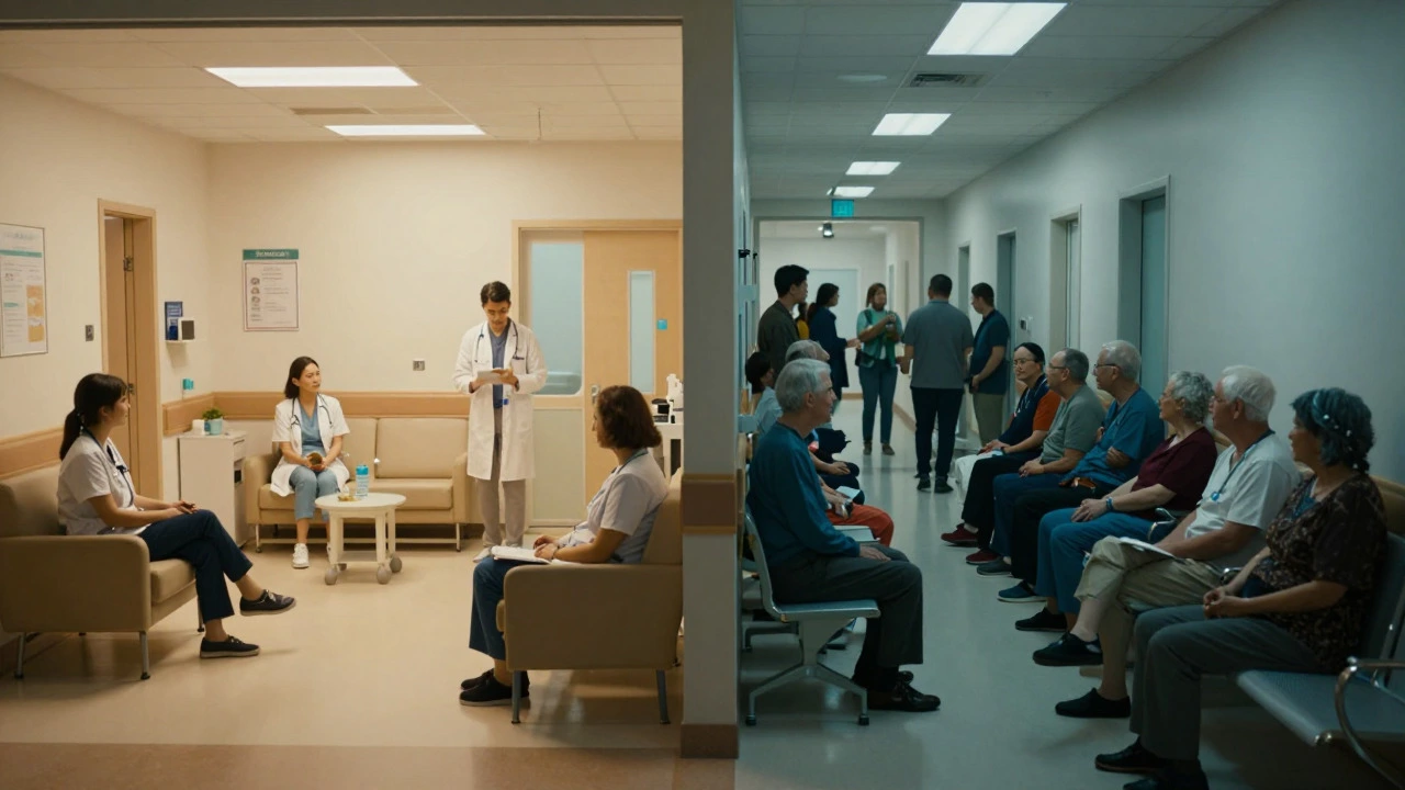Contrast between exclusive private clinic and crowded public ward