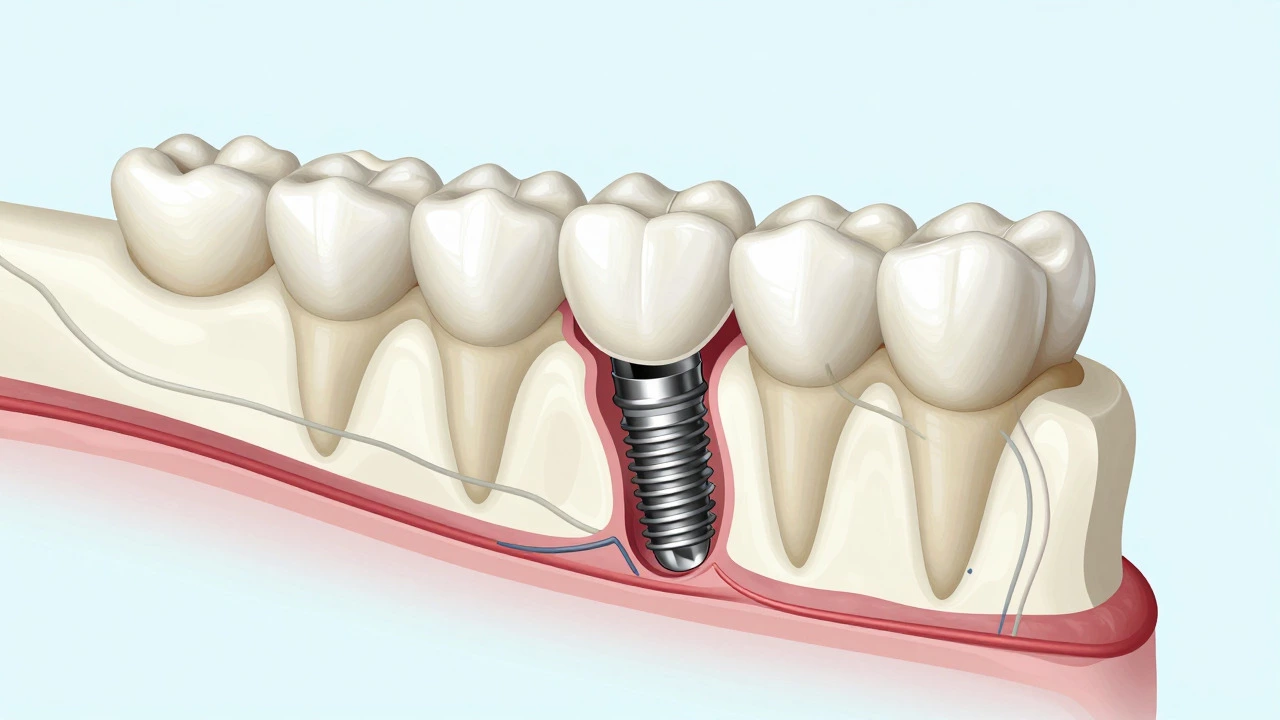 Cross-section diagram of a titanium dental implant in jawbone