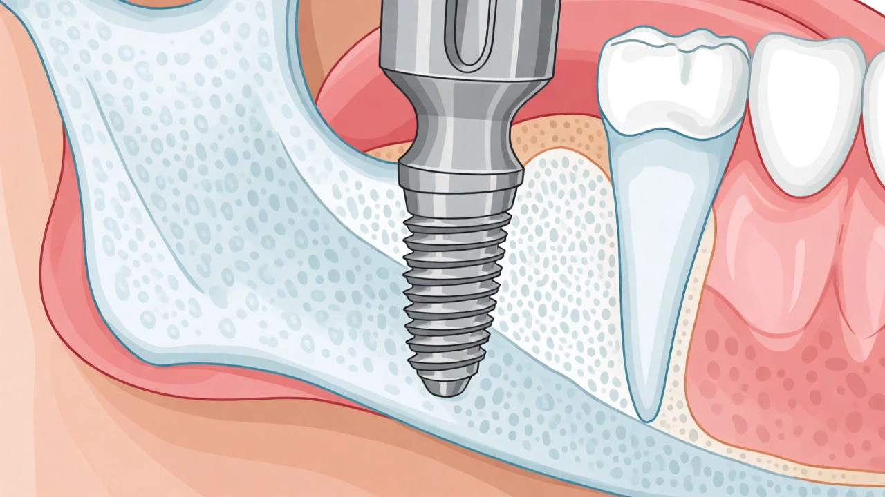 Cross-section view of a dental implant fused into jawbone