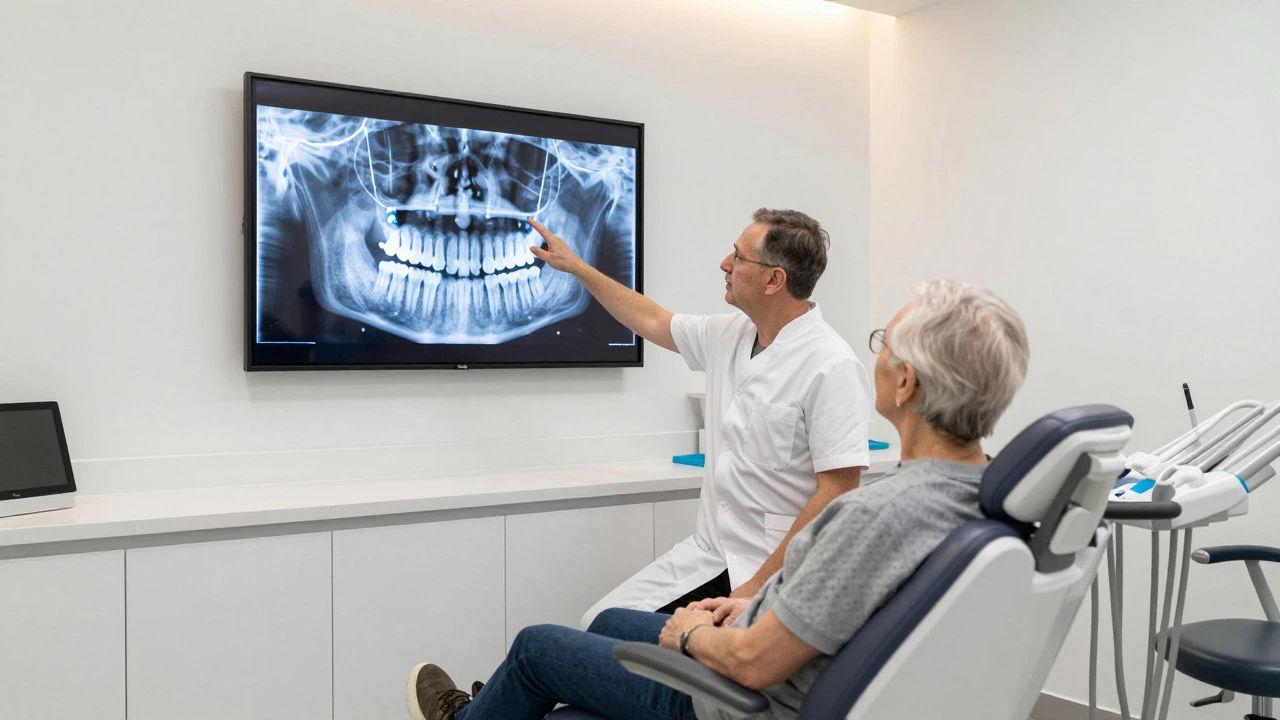 Dentist showing 3D jaw scan to senior patient in consultation room