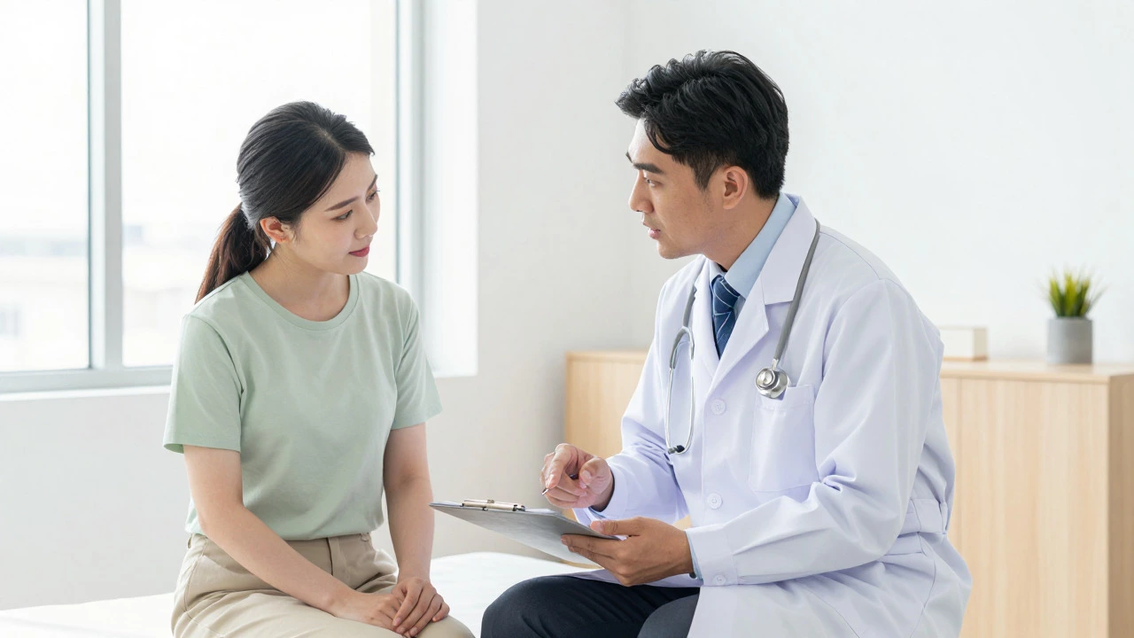 Doctor explaining documents to a relieved patient in clinic