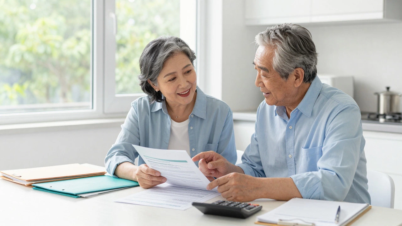 Elderly couple reviewing financial documents together at a sunlit kitchen table