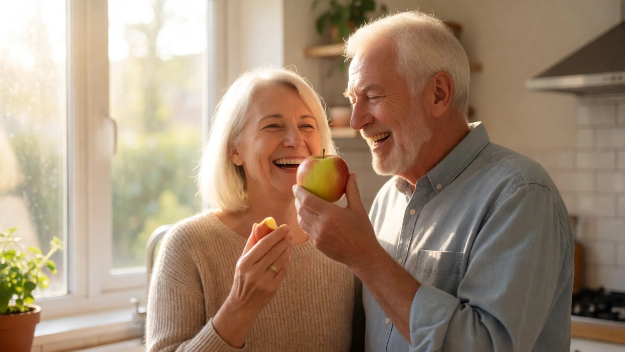 Happy senior couple eating apples with confidence