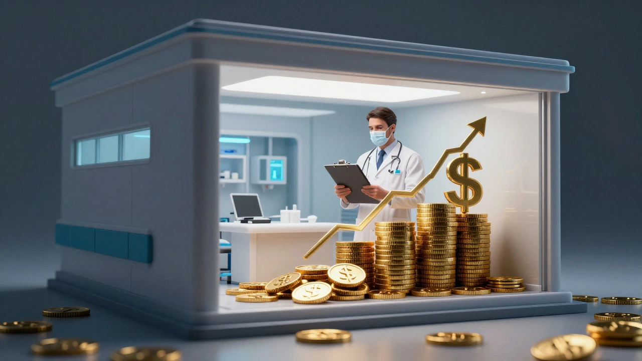 Hospital built on coins symbolizing profit over patient care