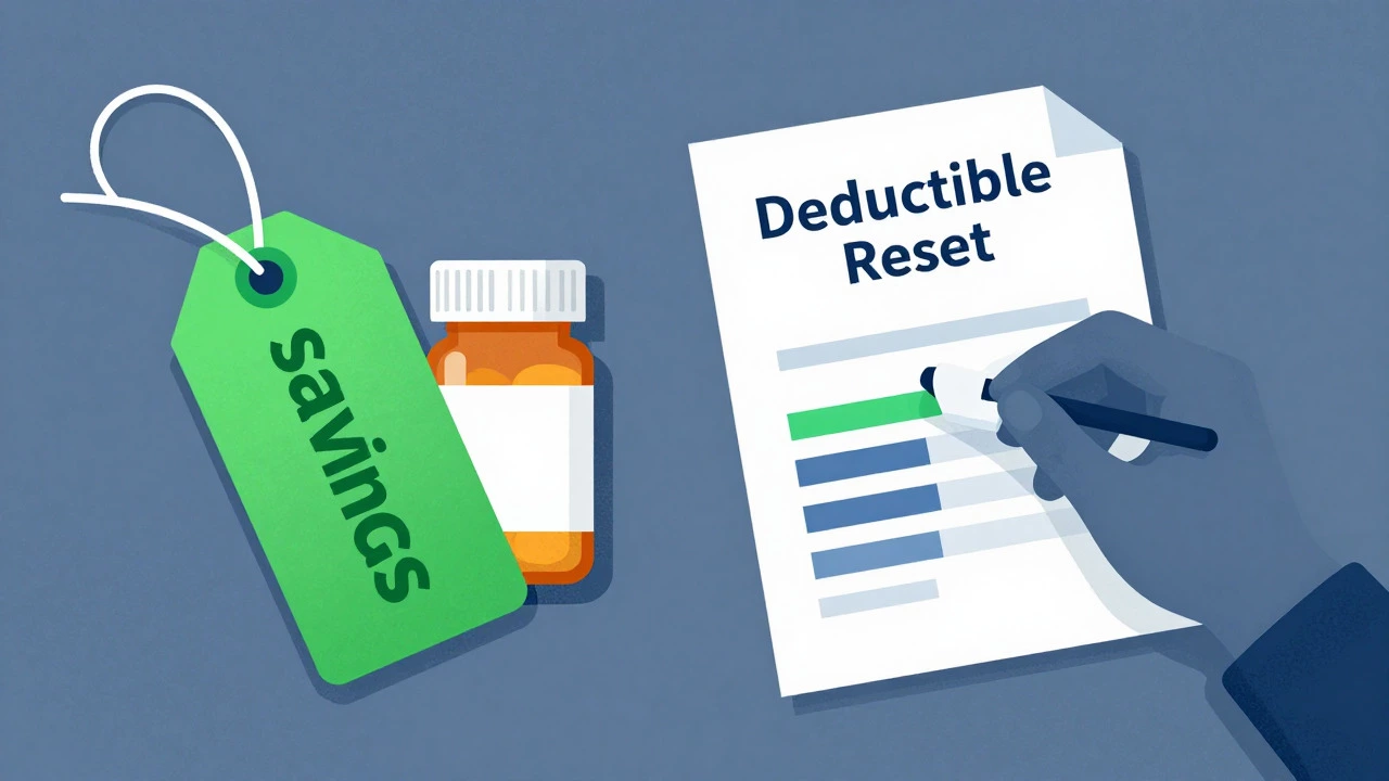 Illustration of pill bottle savings tag versus erased insurance deductible progress bar