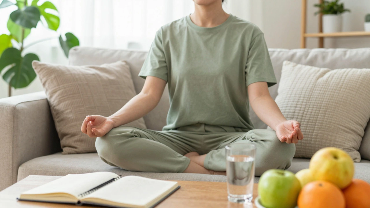 Person meditating peacefully with healthy lifestyle items