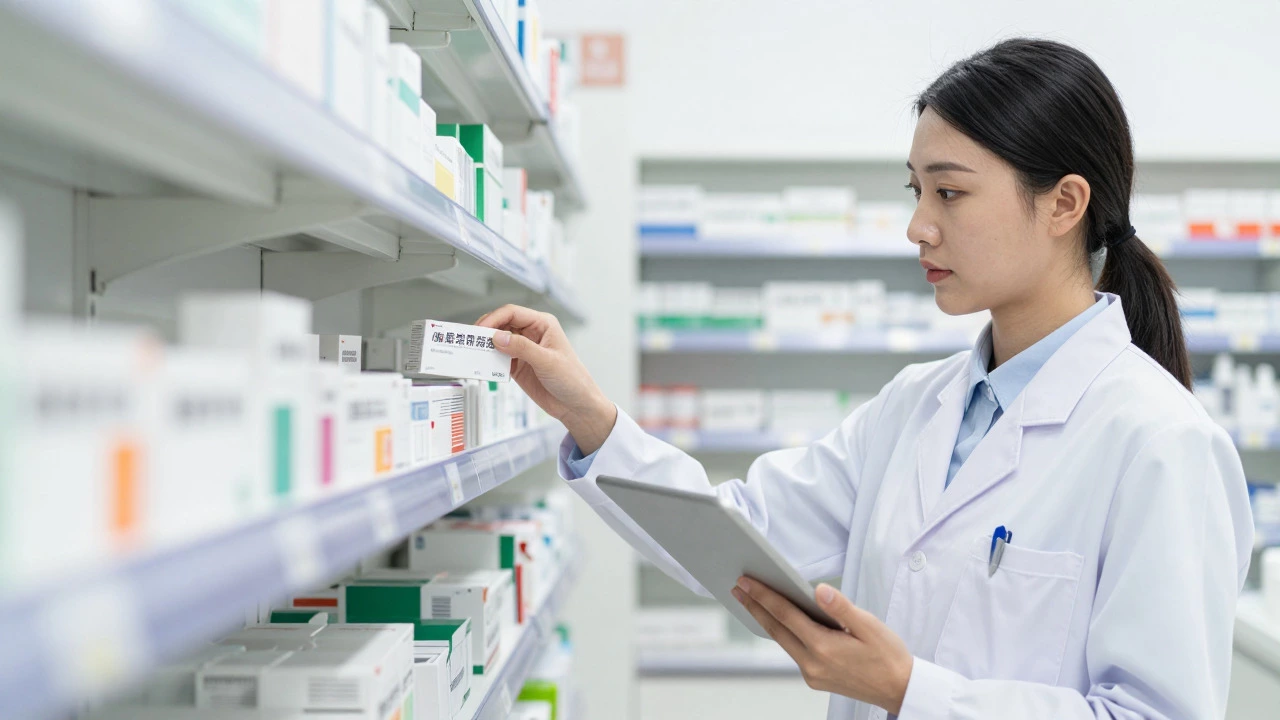 Pharmacist checking a digital prescription on a tablet in a pharmacy