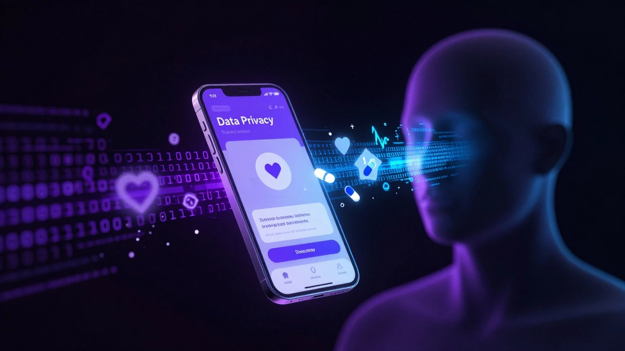 Smartphone leaking health data into a corporate silhouette in neon cyberpunk style