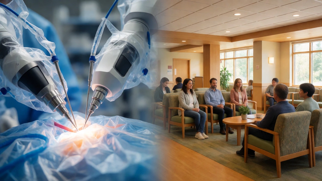 Split view comparing advanced robotic surgery technology with a warm community hospital setting.