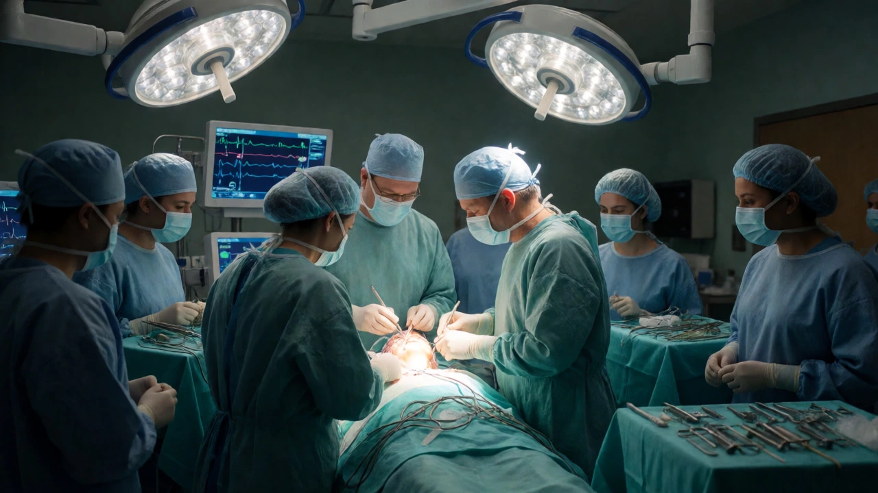 Surgeons performing a complex operation in a brightly lit, high-tech operating room at OHSU.