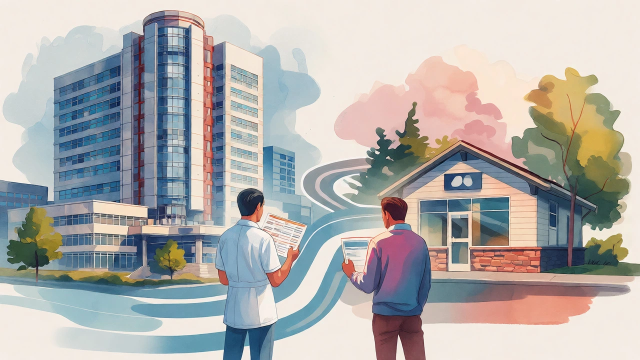 Artistic comparison of a large academic hospital versus a small community clinic