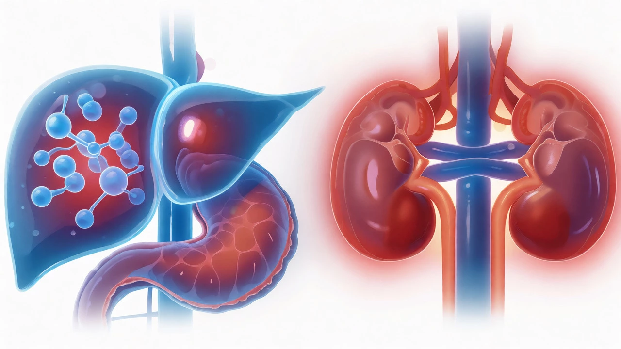 Conceptual illustration comparing liver and kidney stress from painkillers