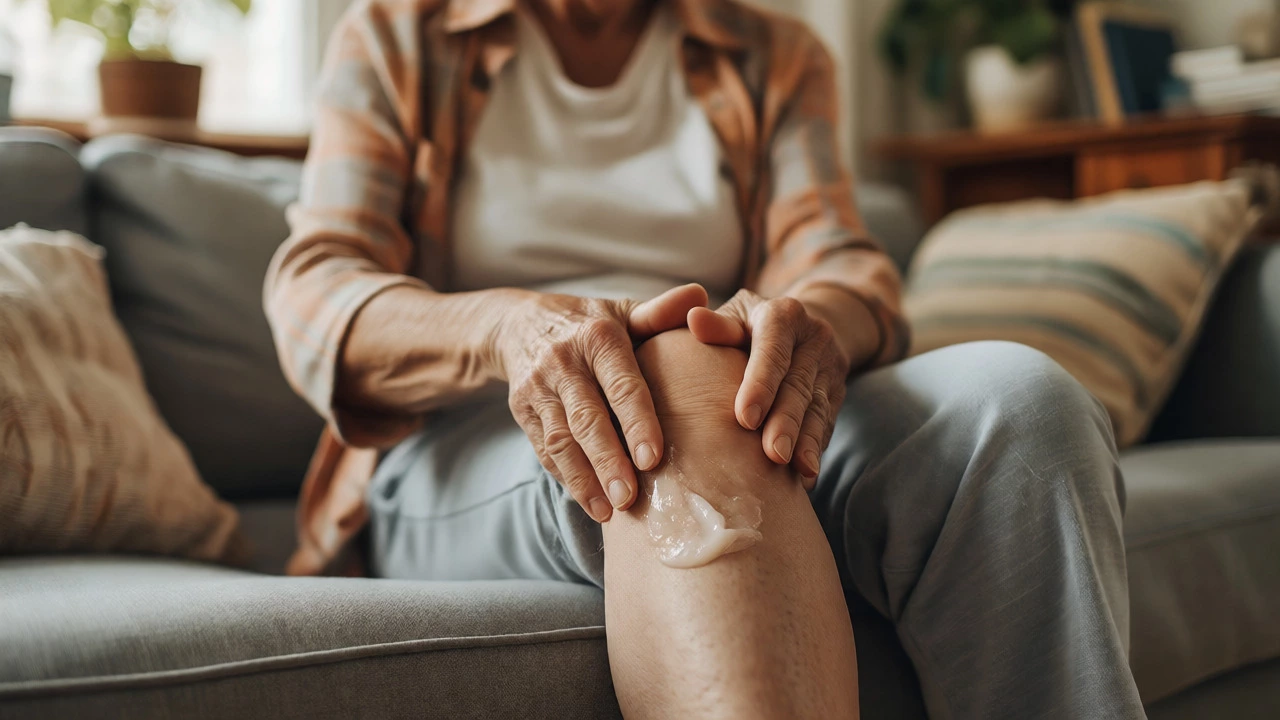 Elderly person applying topical pain gel to their knee at home