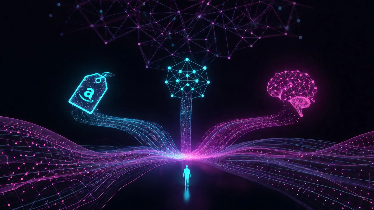 Futuristic AI data streams splitting into three healthcare service paths
