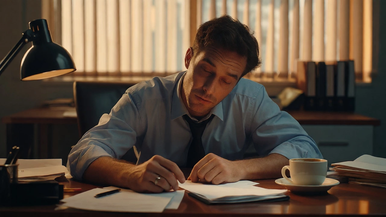 Man struggling with drowsiness at work desk