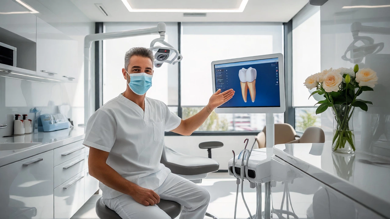 Modern dental clinic interior with dentist and digital display