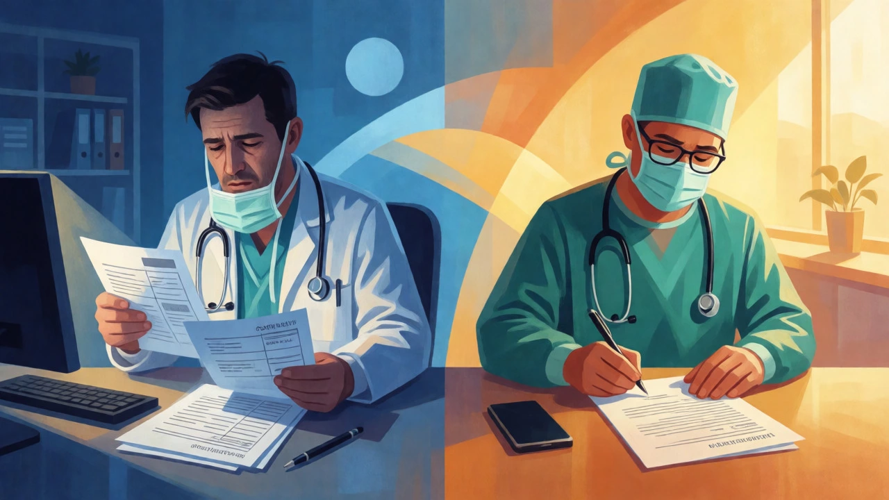 Split-scene concept art showing surgeon's transition from debt stress to financial success.