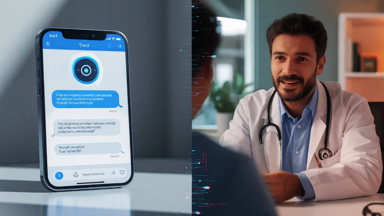 Split view comparing AI symptom checkers with video doctor consultations