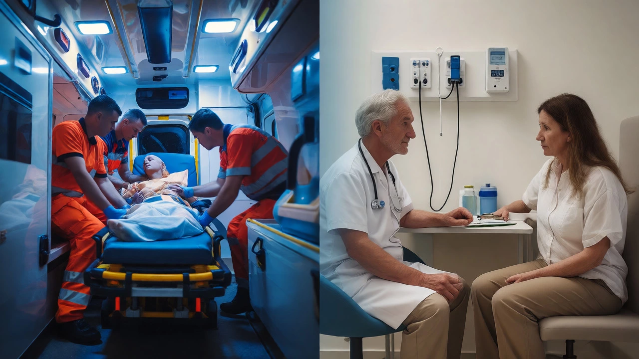 Split view comparing free emergency care and paid consultations