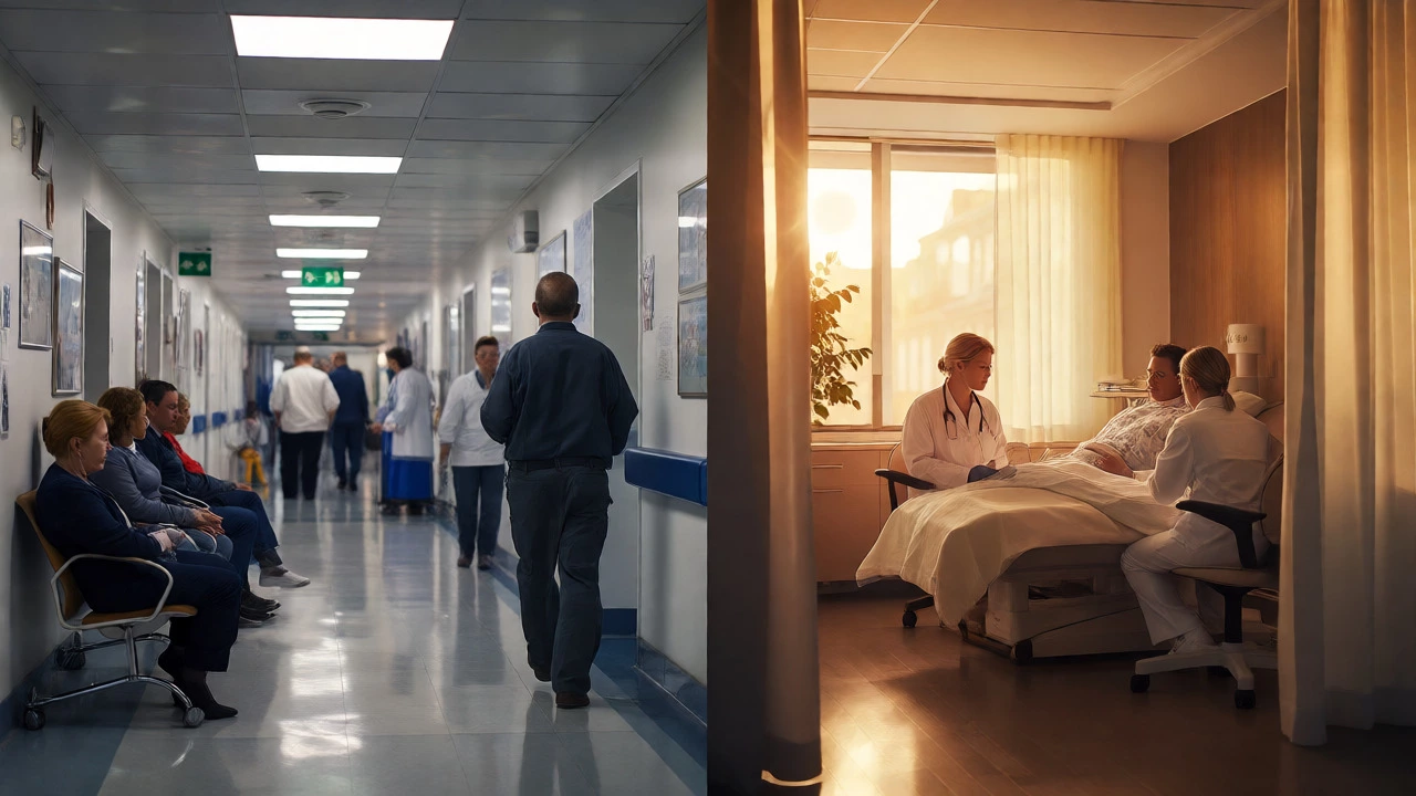 Split view comparing UK NHS waits with Swiss premium care