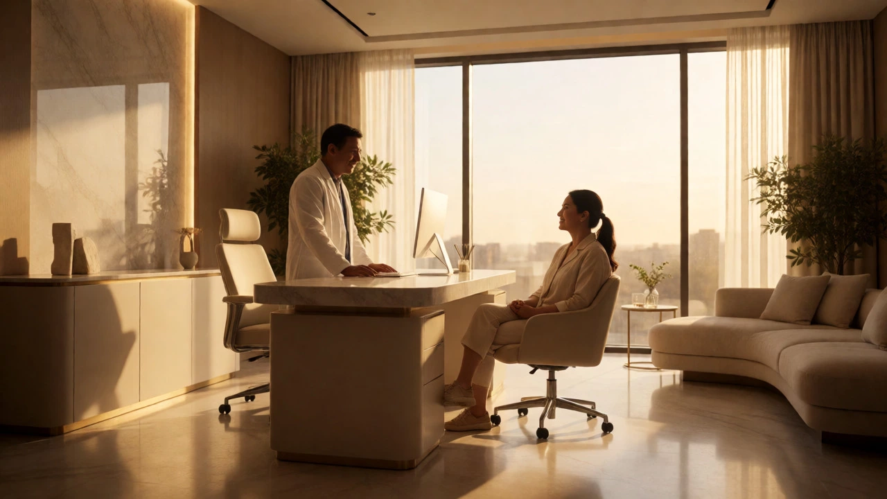 Surgeon consulting with a patient in a luxurious, sunlit private plastic surgery clinic.
