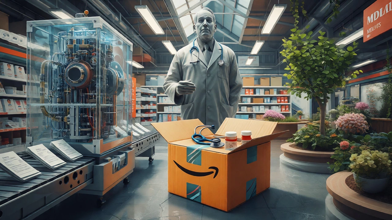 Surreal market blending retail boxes, tech machinery, and medical care