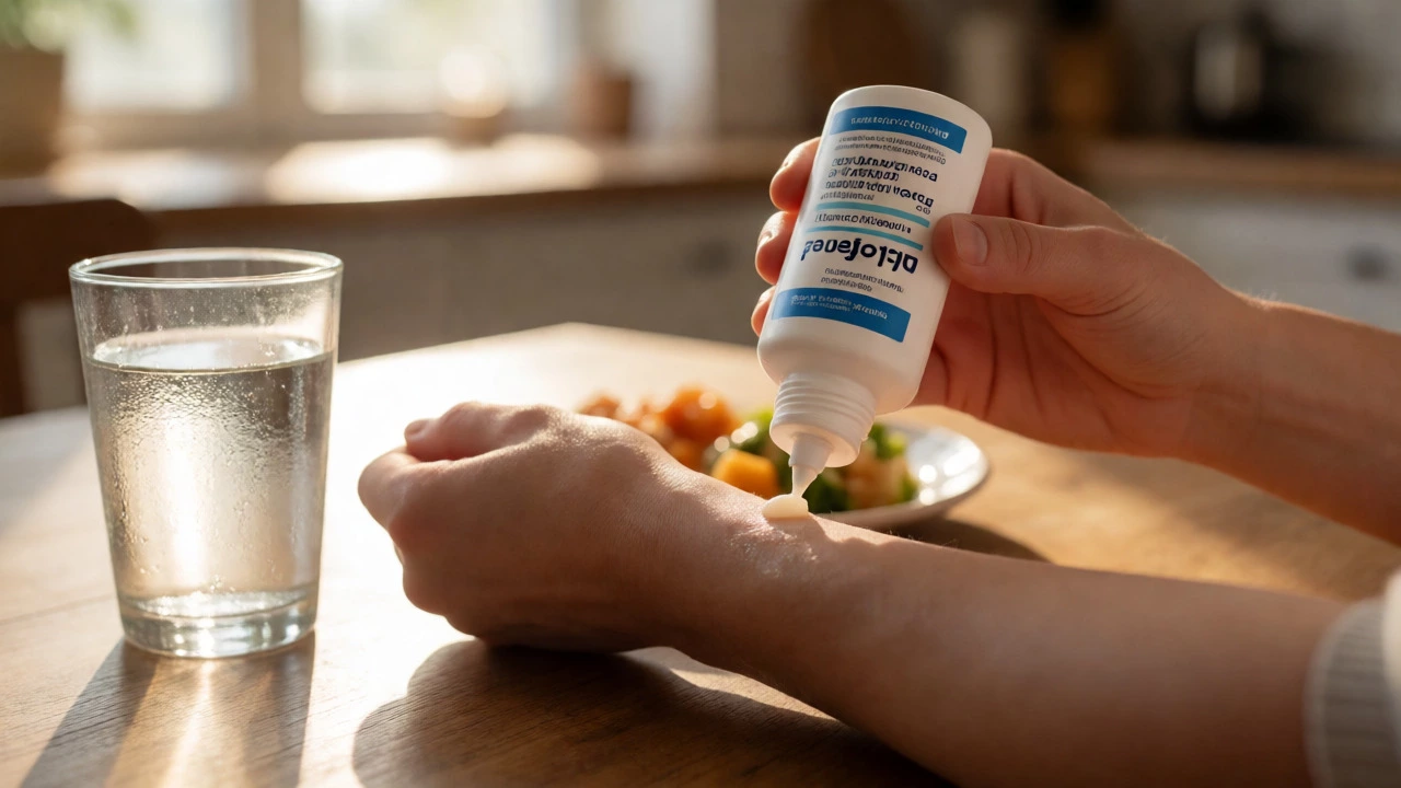 Topical pain gel application alongside water and food on a kitchen table