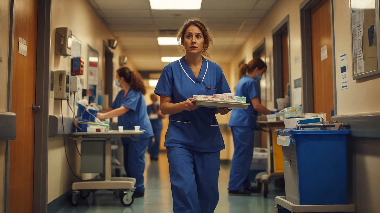 A stressed nurse rushing through a busy hospital corridor amid staffing shortages