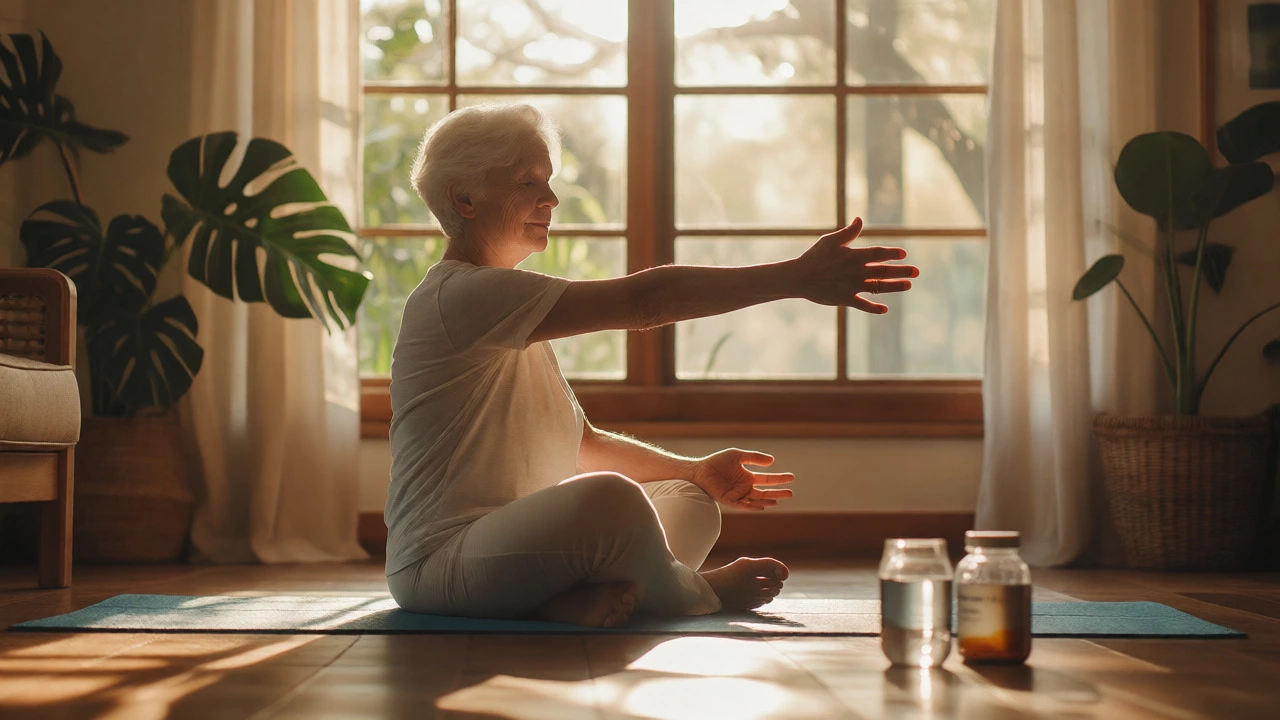 Adult performing gentle stretching exercises in a sunlit room to aid nerve healing and reduce pain.