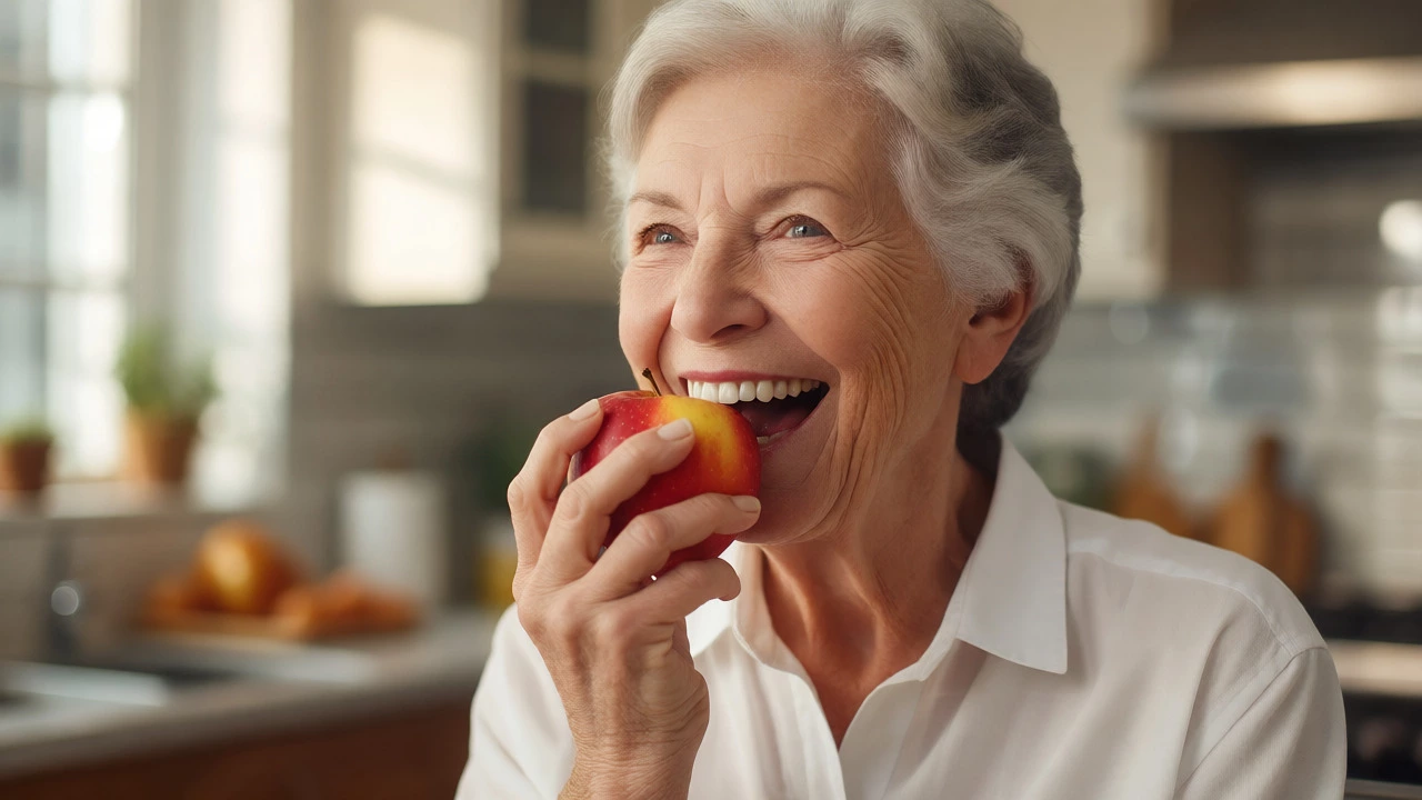 Confident person biting into an apple showing successful dental implant results