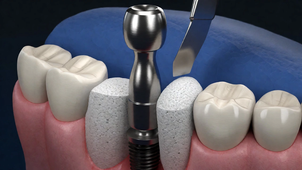Dental bone grafting procedure with titanium implant and graft material