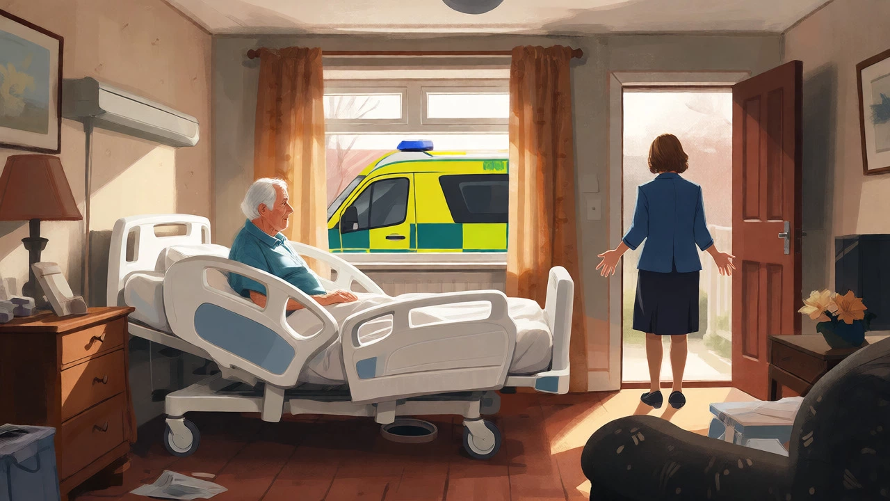 Elderly patient stuck in a hospital bed placed in their living room due to lack of care