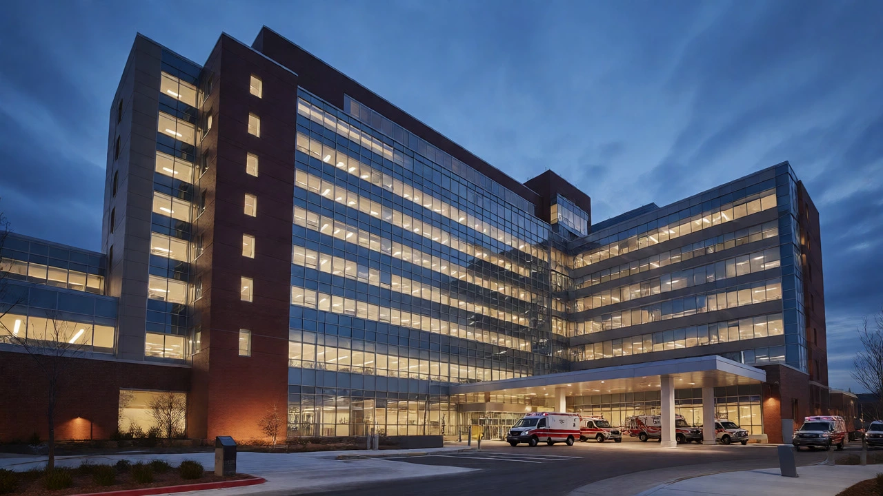 Exterior view of a large academic medical center at twilight.