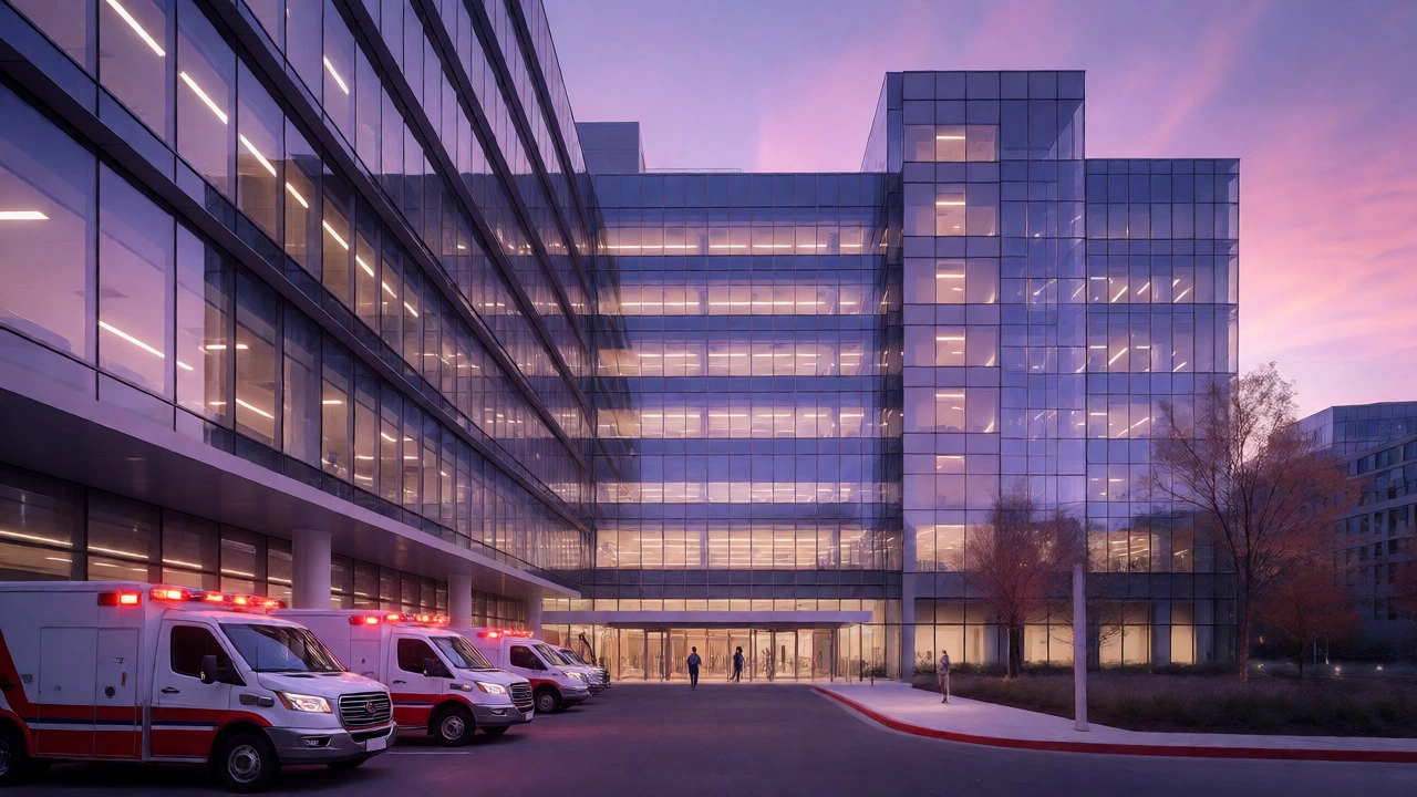 Exterior view of the modern OHSU medical center in Portland at dusk.