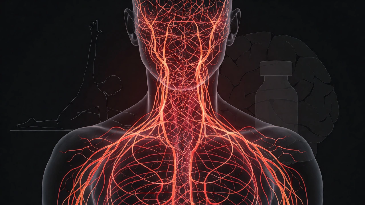 Glowing neural pathways illustrating sensitized chronic pain signals