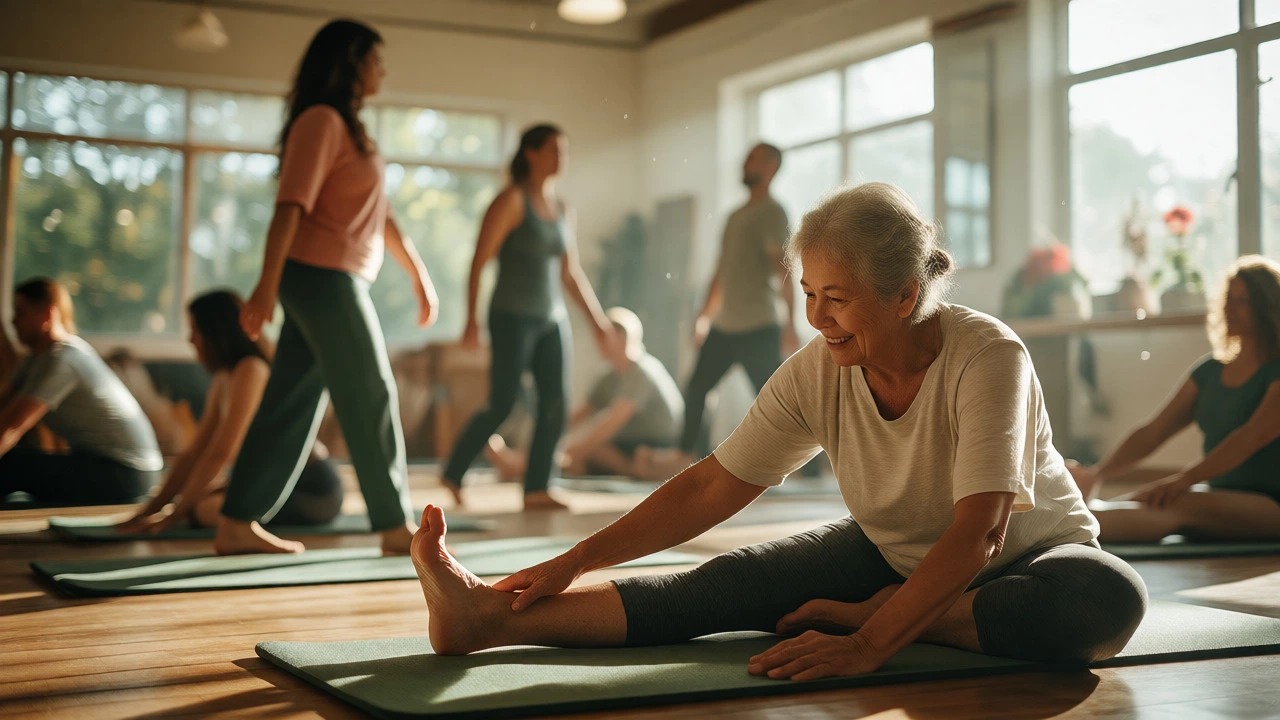 Group practicing gentle stretching and Pilates in sunny studio