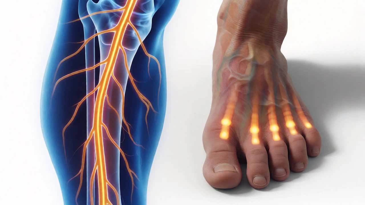 Medical illustration comparing healthy peripheral nerve regeneration with limited central nerve recovery.