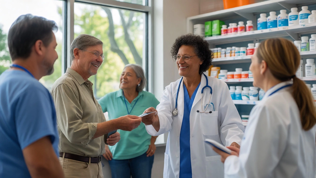 Patients happily paying for prescriptions and discussing generic options with pharmacists.