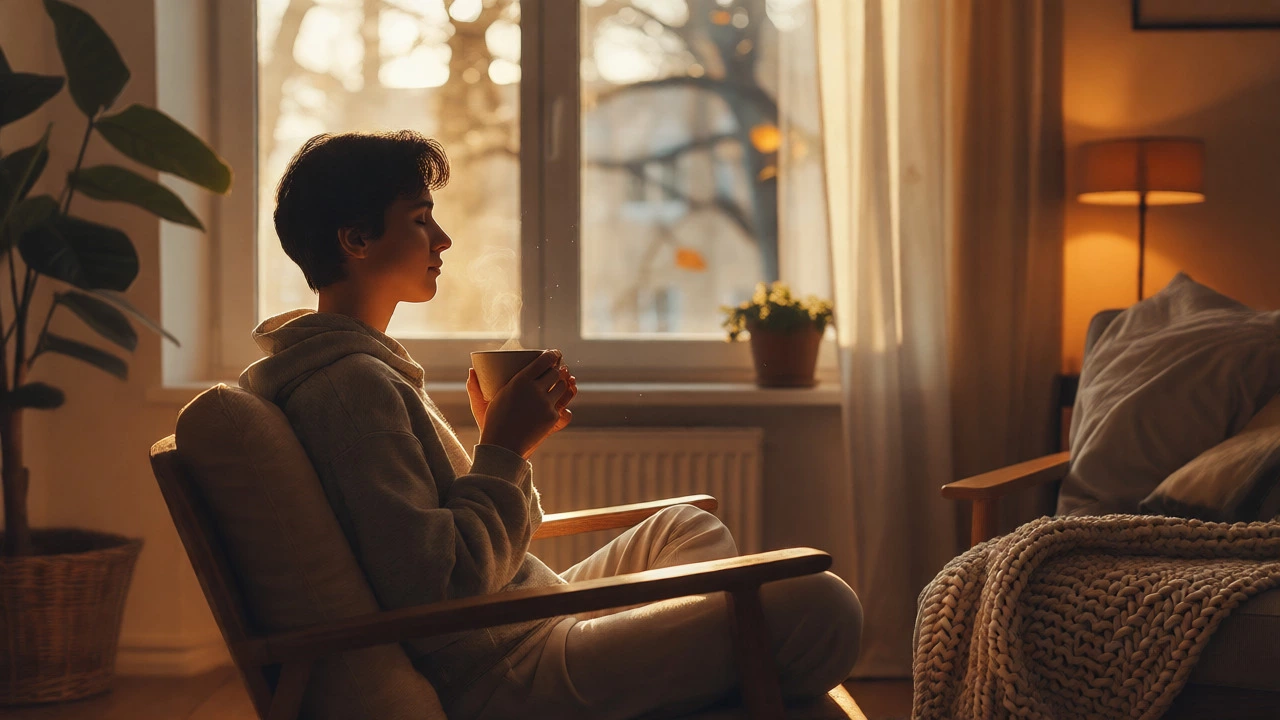 Person meditating peacefully with tea in a sunlit room.
