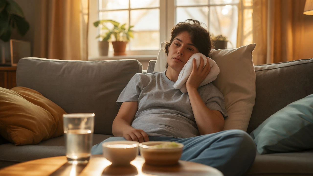 Person recovering at home using ice packs and soft food after implant surgery