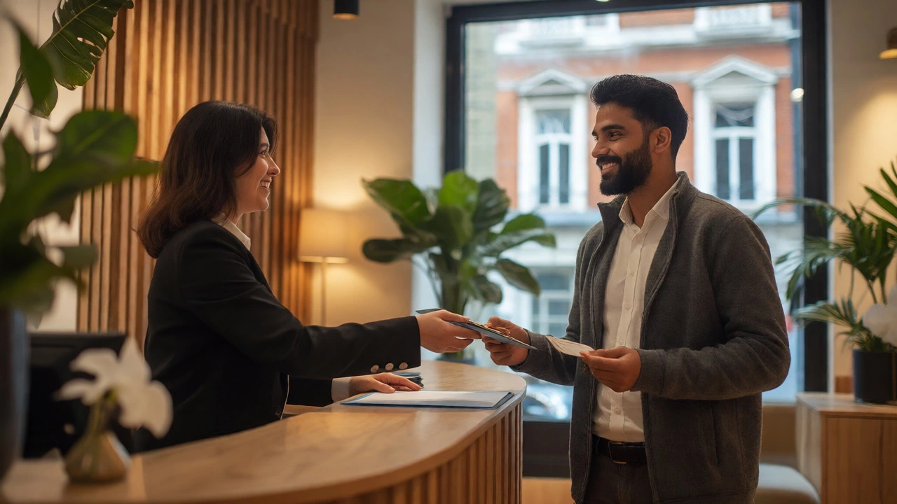 Receptionist assisting international patient