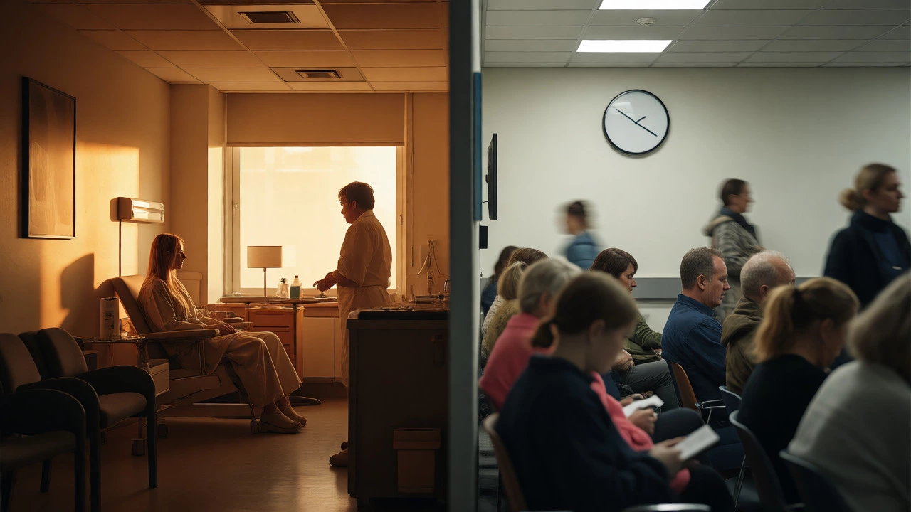 Split scene comparing fast private care with slower NHS waiting rooms