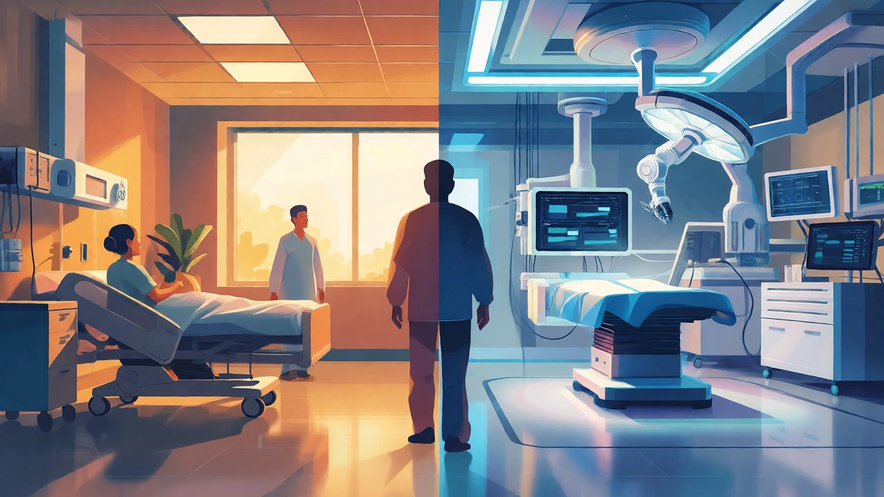 Split-screen comparison of a community clinic and a high-tech surgical suite.