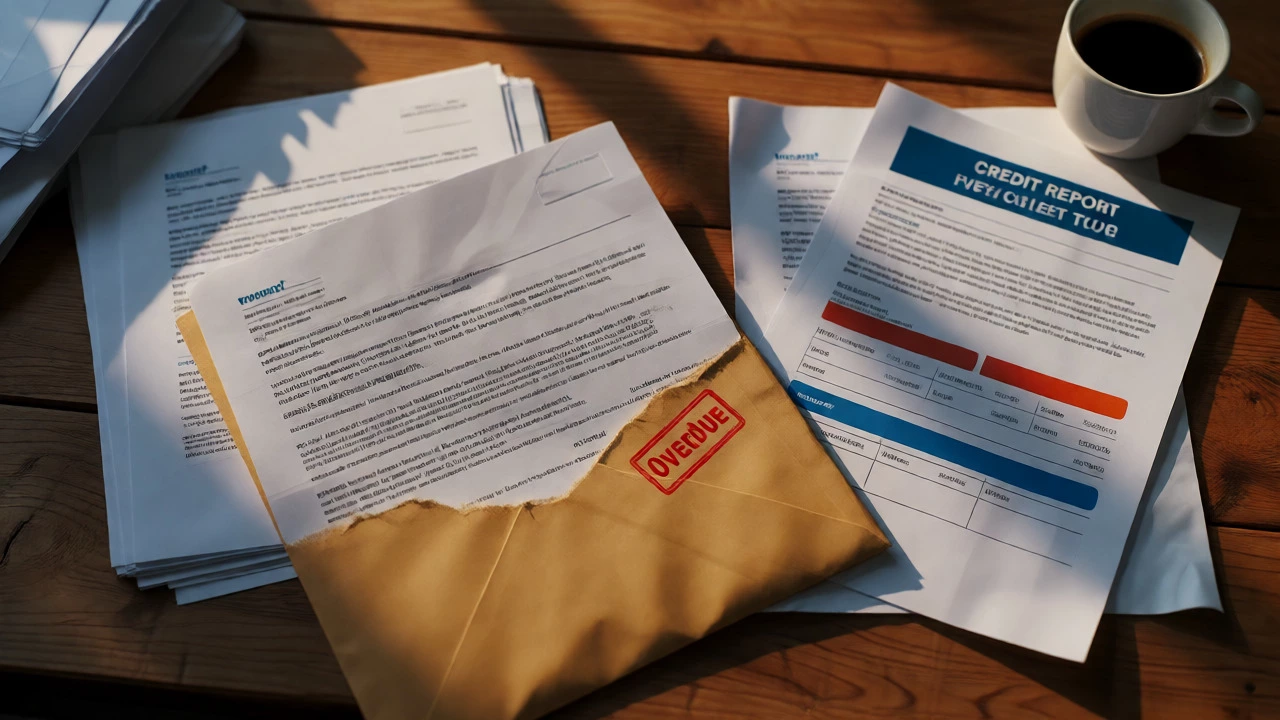 Stack of unpaid medical bills and a debt collection notice on a table with a credit report.
