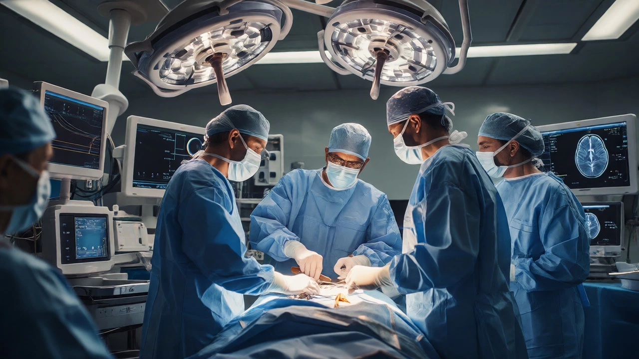 Surgeons performing a complex procedure in a high-tech operating room.