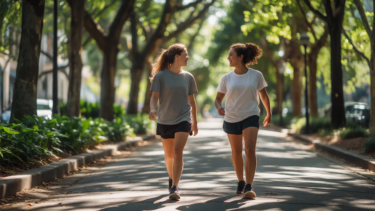 Two friends walking and talking happily in a sunlit park.